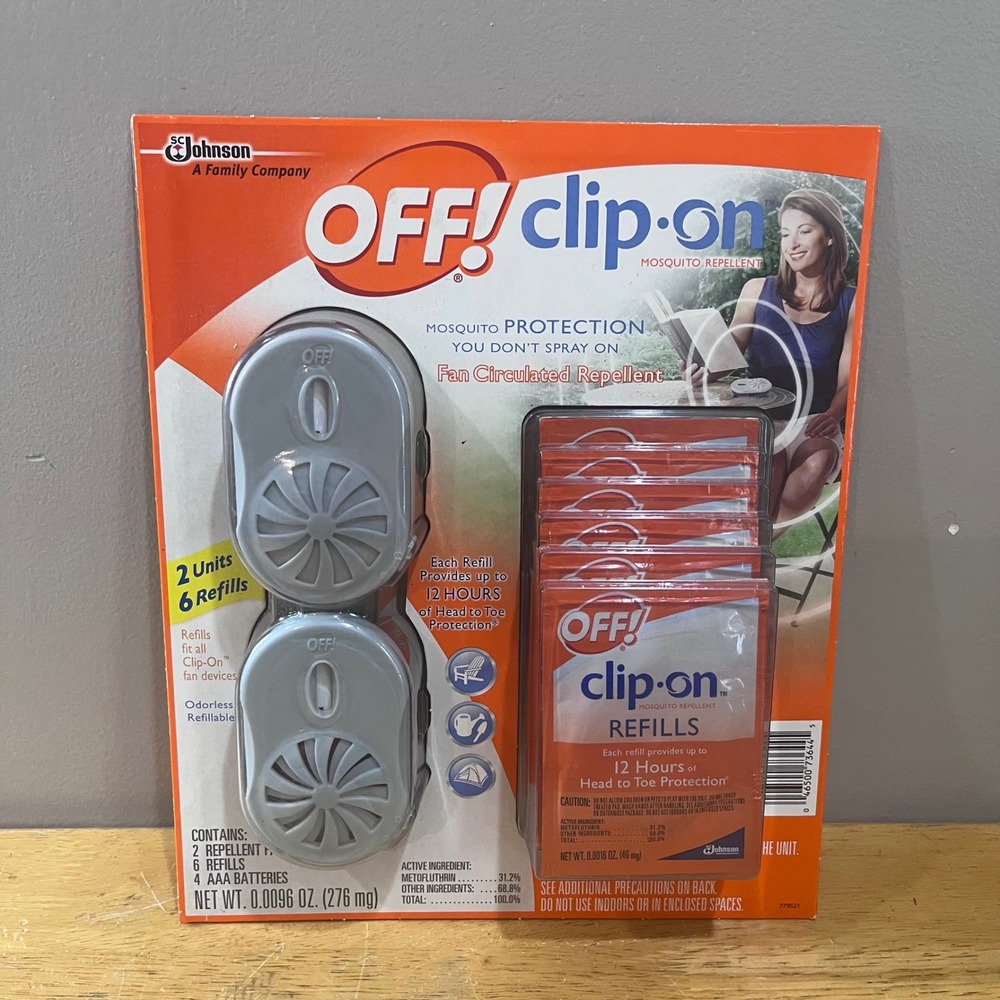 OFF! Clip-On Mosquito Repellent 2 Fan Units & 6 Refills Set New Metofluthrin
